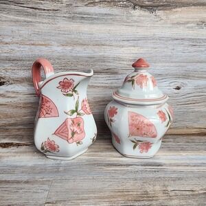 April Cornell Floral Fan Ceramic Creamer and Sugar Bowl Set Pink White Hexagon
